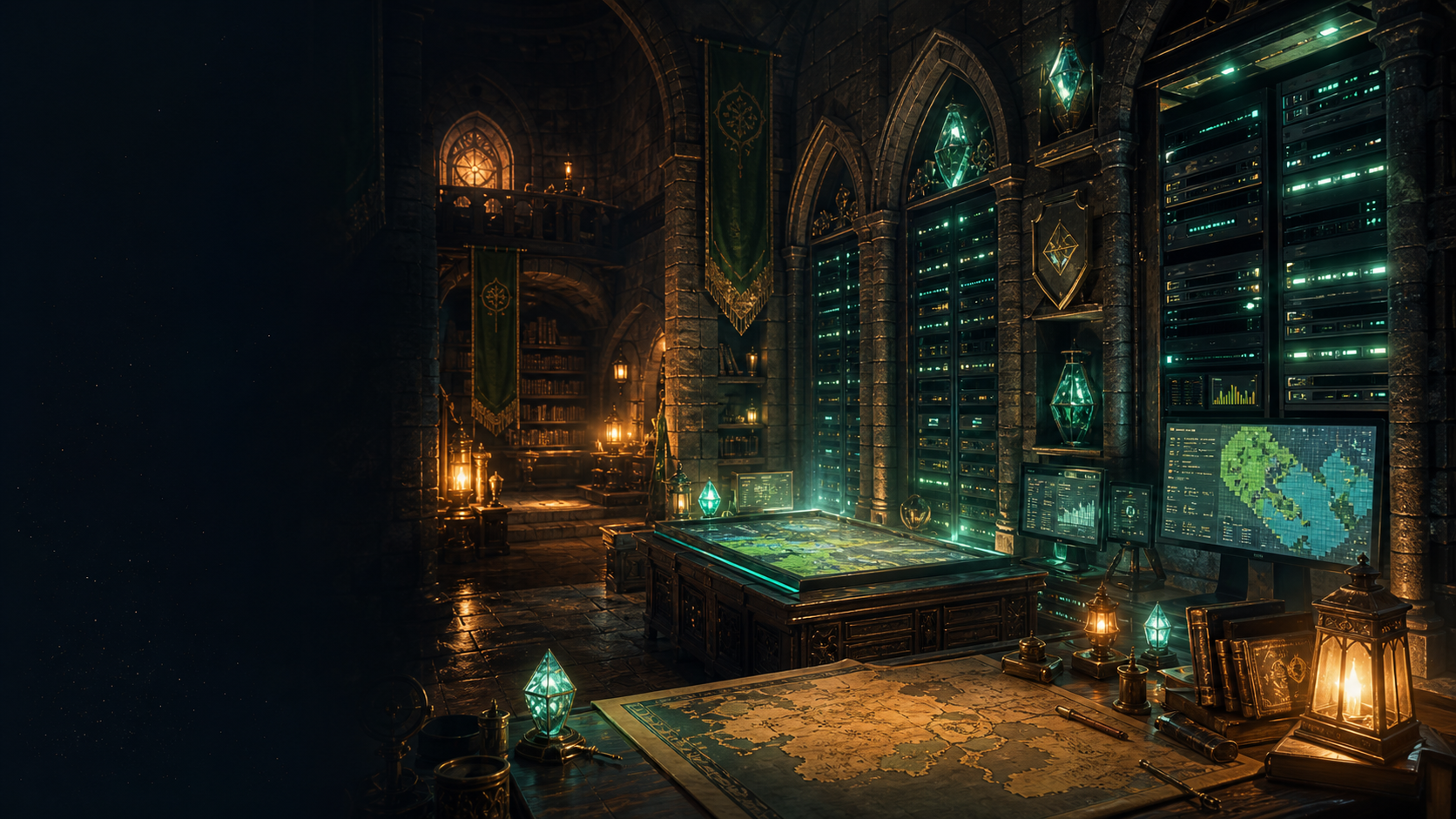 Fantasy stone hosting hall with server racks, glowing maps, and operations dashboards